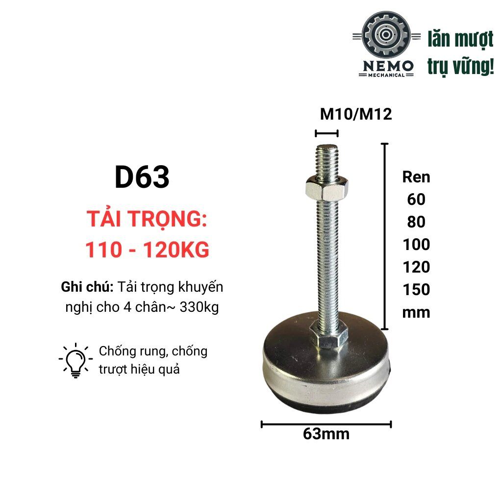 Chân tăng chỉnh đế cao su chống rung, D34-D63, tải trọng 90-120kg, bulong M10-M12